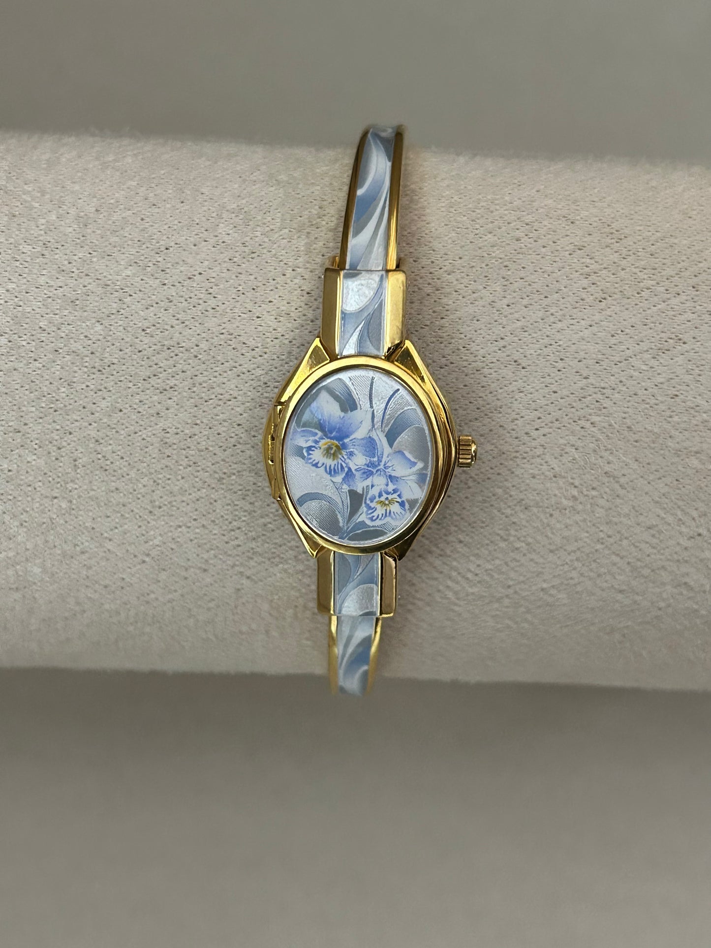 André Mouche Swiss Blue Orchid Enamel Cuff Bangle Watch