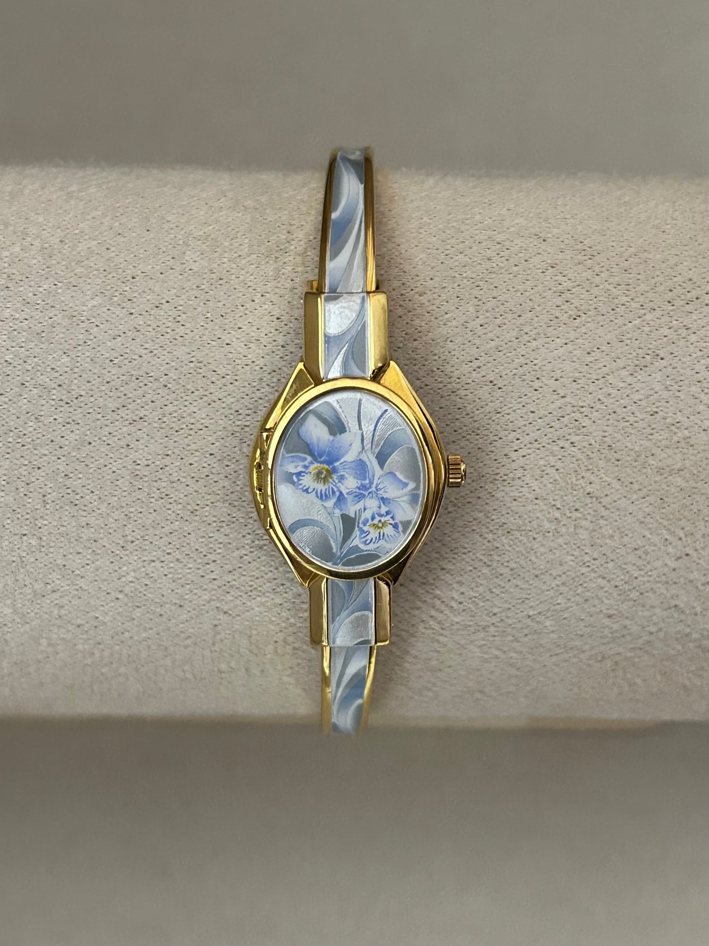 André Mouche Swiss Blue Orchid Enamel Cuff Bangle Watch