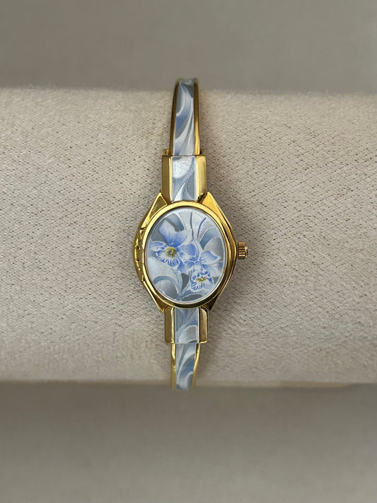 André Mouche Swiss Blue Orchid Enamel Cuff Bangle Watch