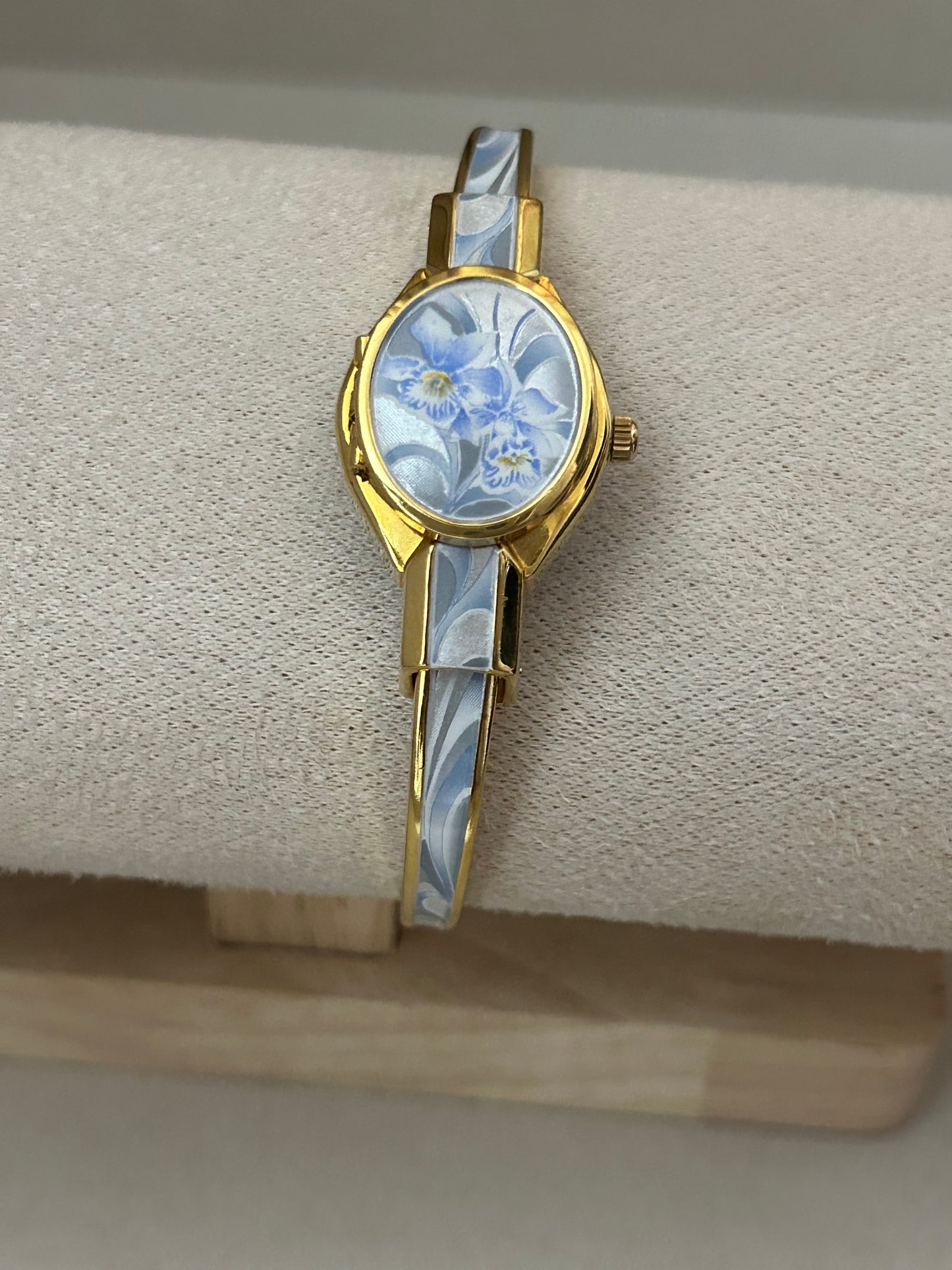 André Mouche Swiss Blue Orchid Enamel Cuff Bangle Watch