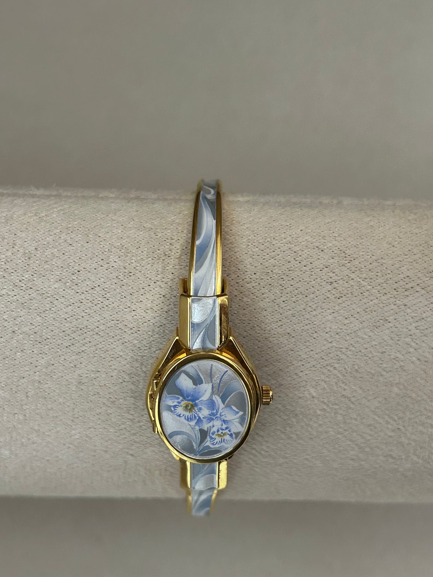 André Mouche Swiss Blue Orchid Enamel Cuff Bangle Watch