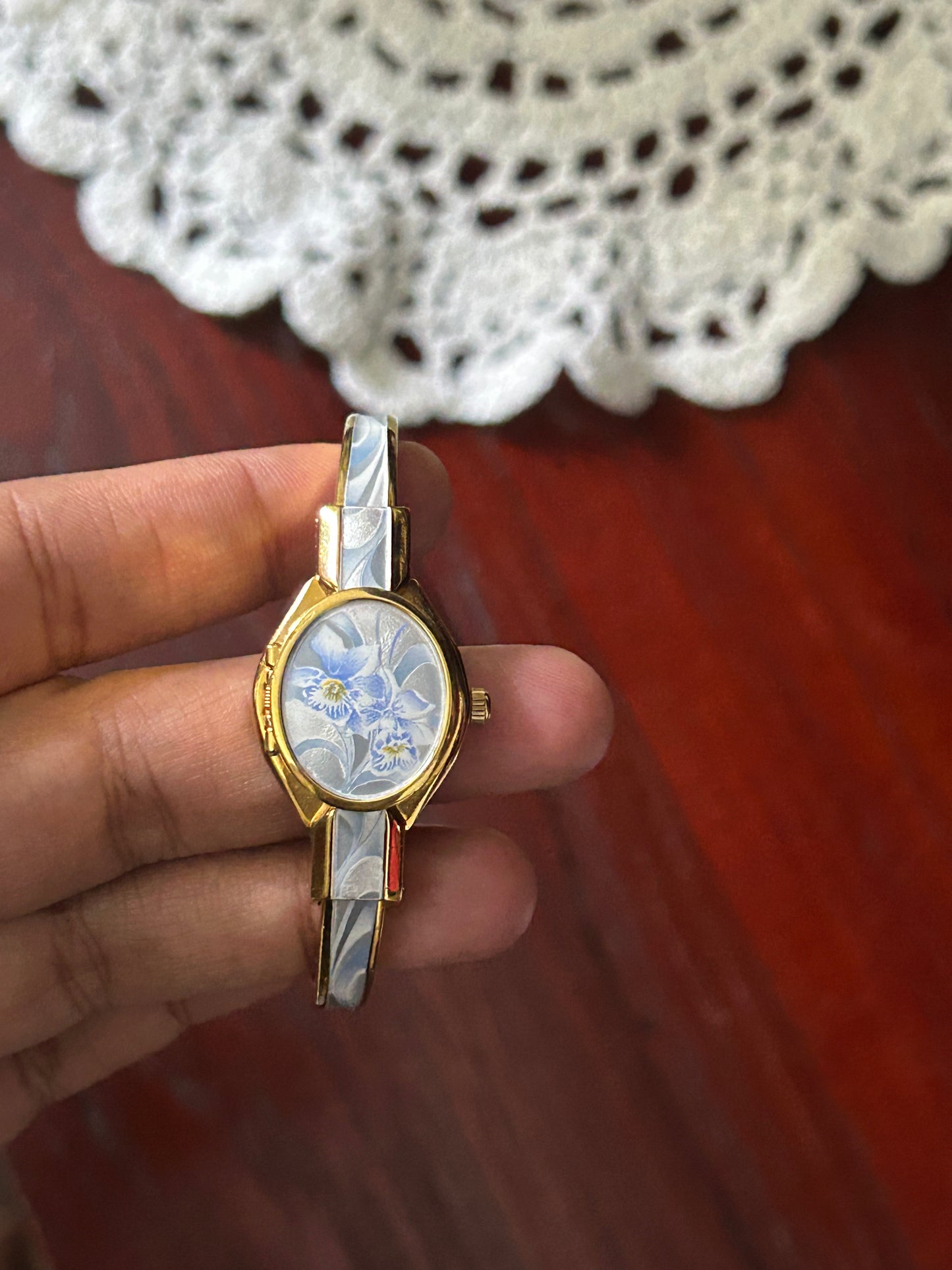 André Mouche Swiss Blue Orchid Enamel Cuff Bangle Watch
