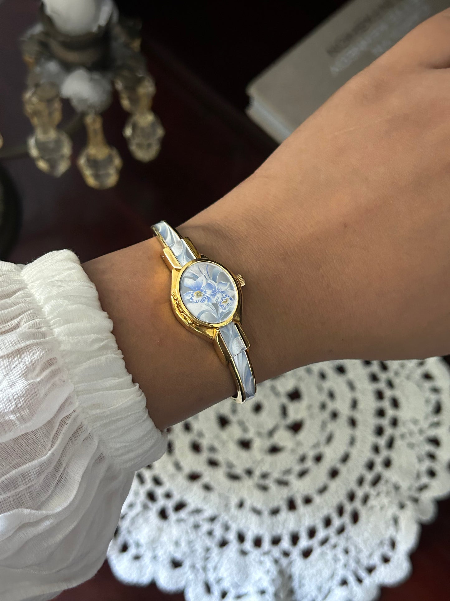 André Mouche Swiss Blue Orchid Enamel Cuff Bangle Watch