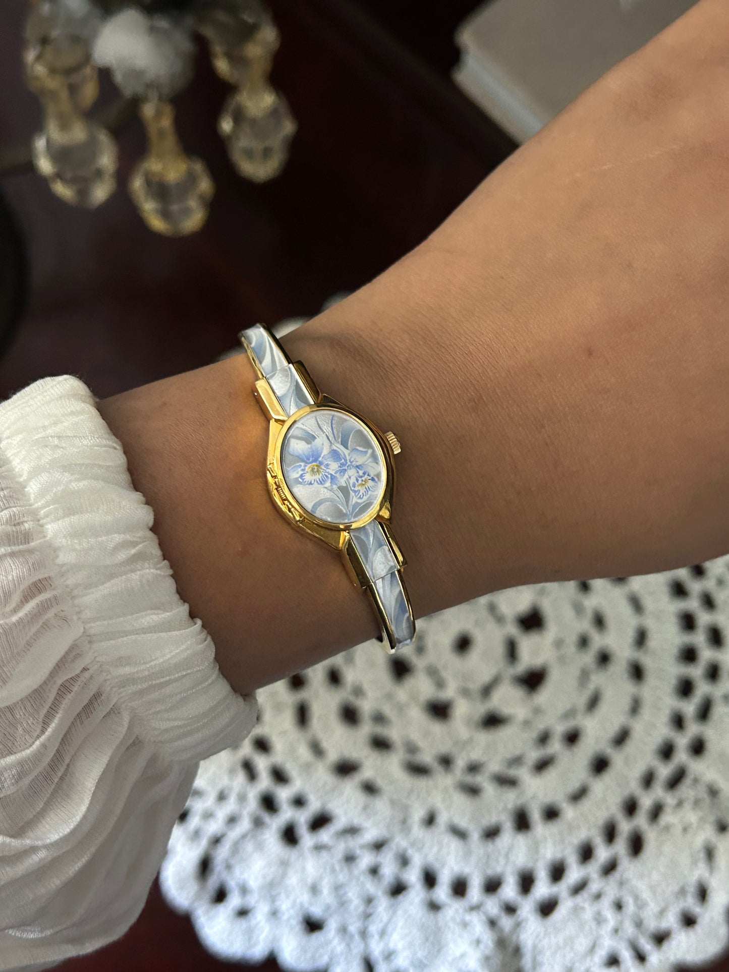 André Mouche Swiss Blue Orchid Enamel Cuff Bangle Watch