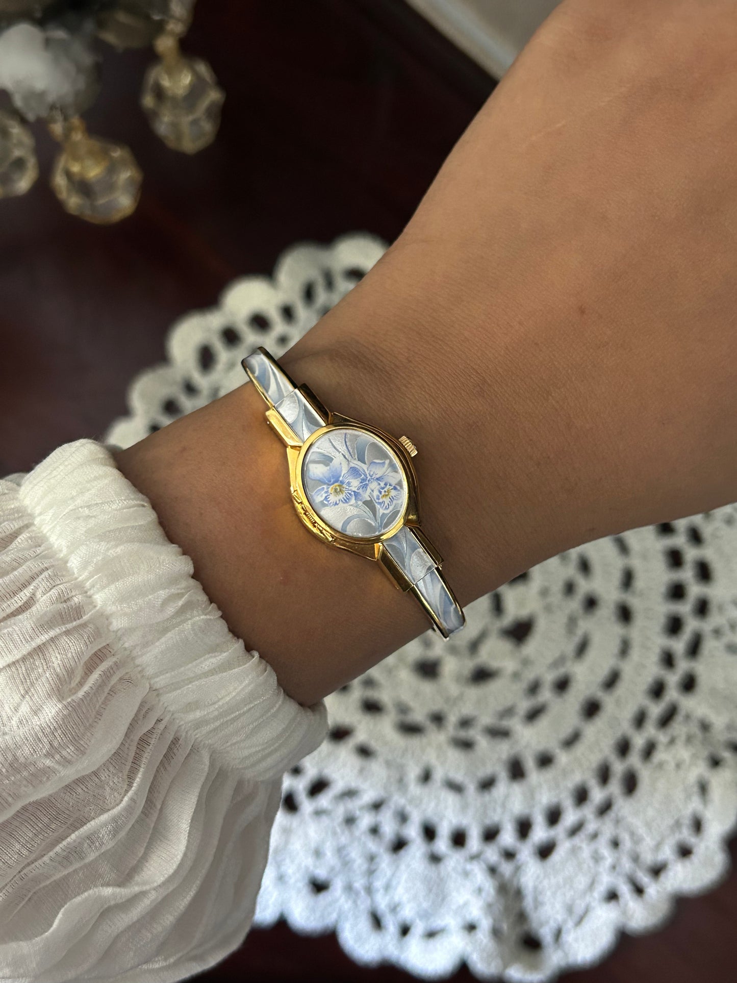 André Mouche Swiss Blue Orchid Enamel Cuff Bangle Watch