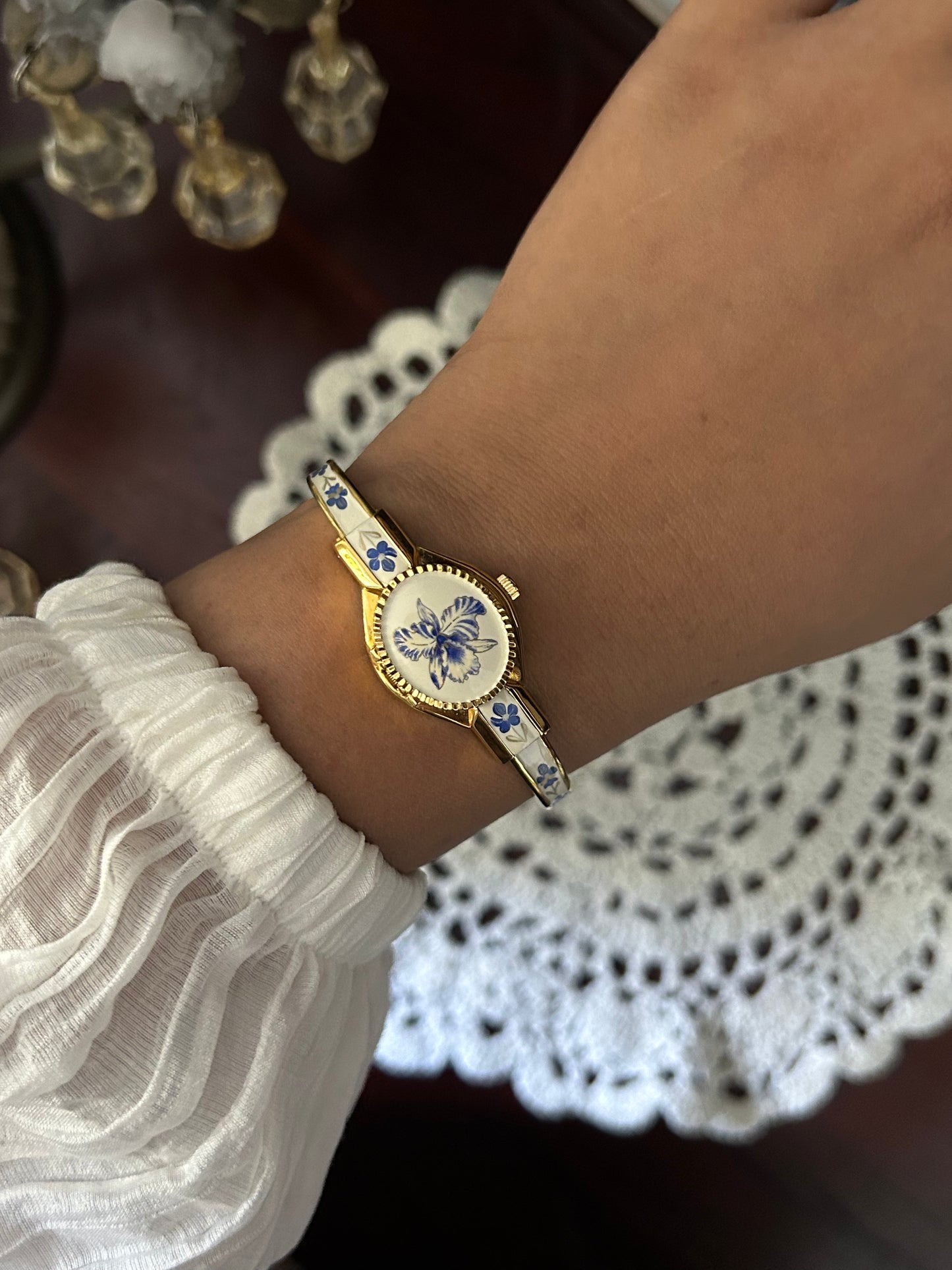 André Mouche Swiss Blue & White Floral Enamel Cuff Bangle Watch