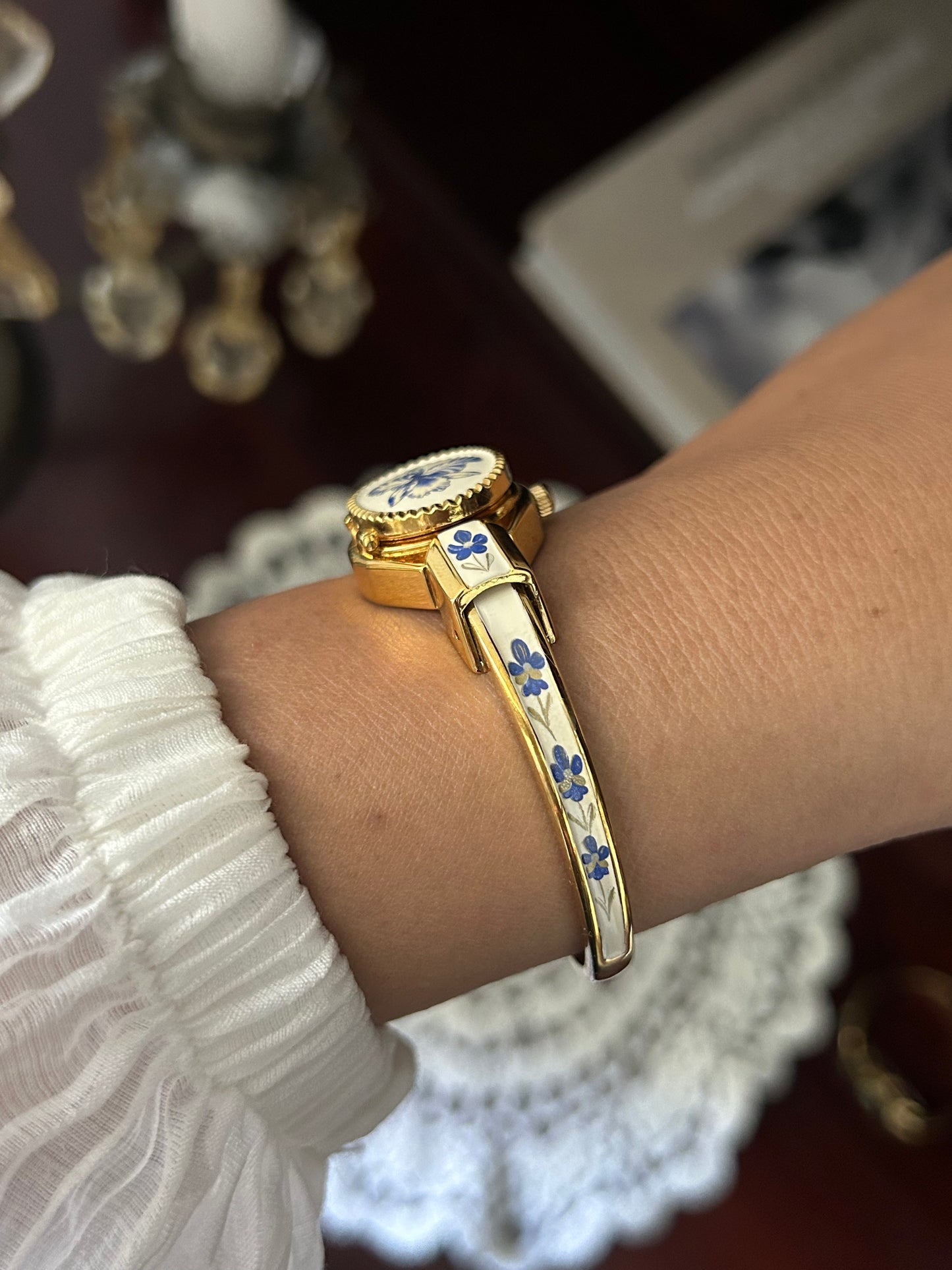 André Mouche Swiss Blue & White Floral Enamel Cuff Bangle Watch