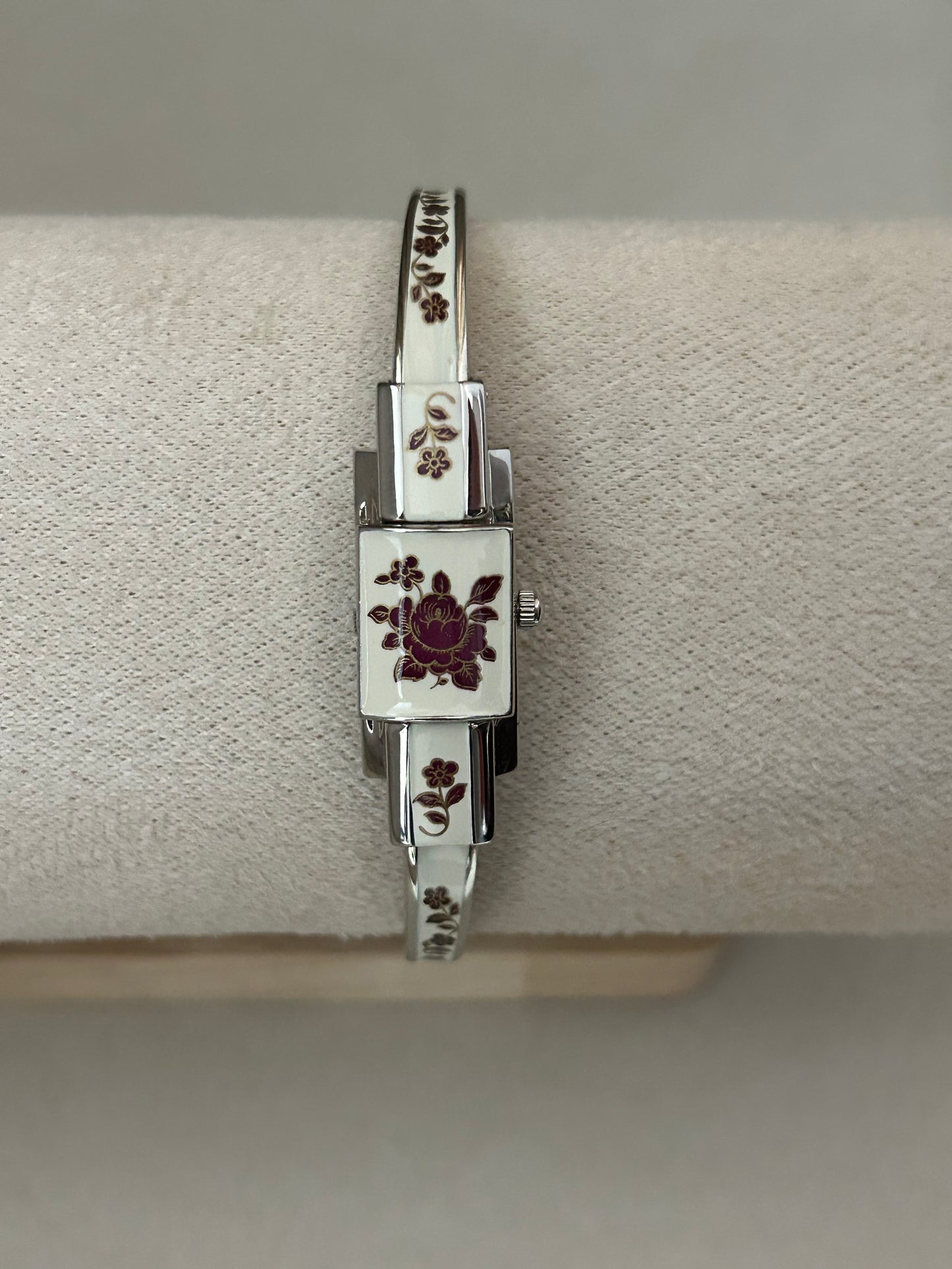 André Mouche Swiss White Floral Enamel Cuff Bangle Watch