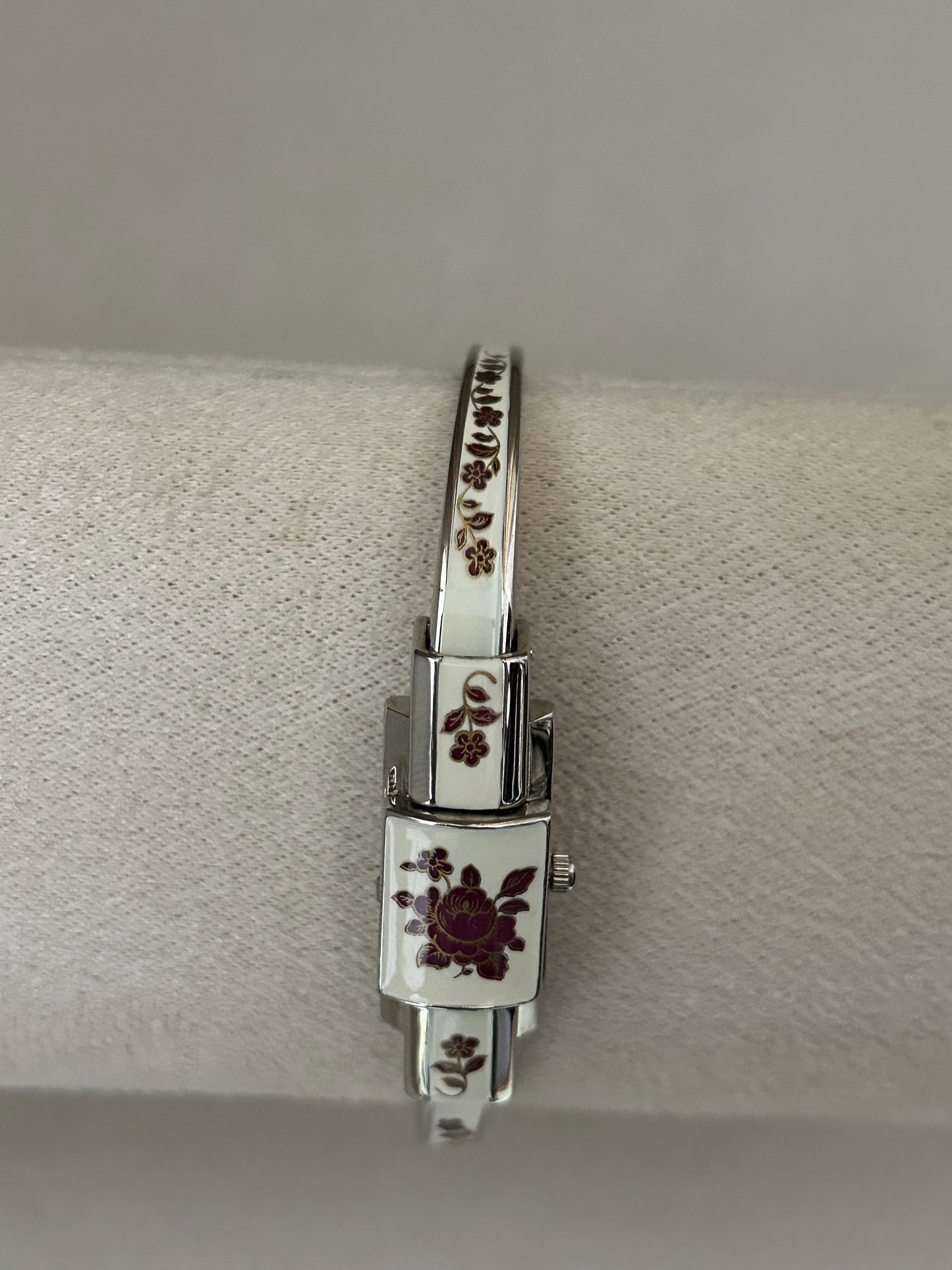 André Mouche Swiss White Floral Enamel Cuff Bangle Watch