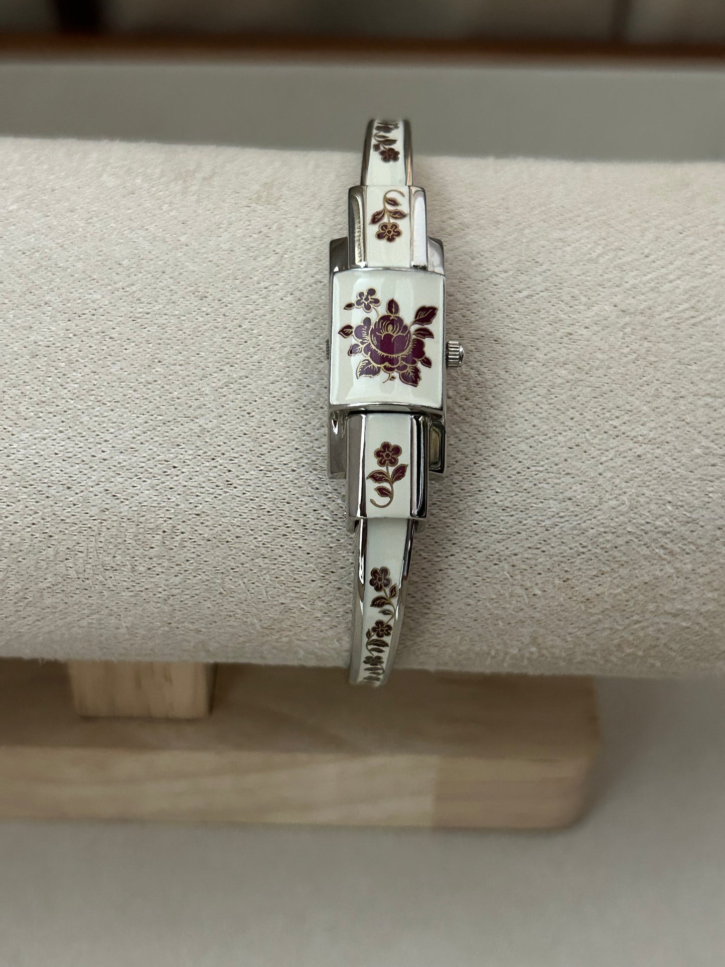 André Mouche Swiss White Floral Enamel Cuff Bangle Watch