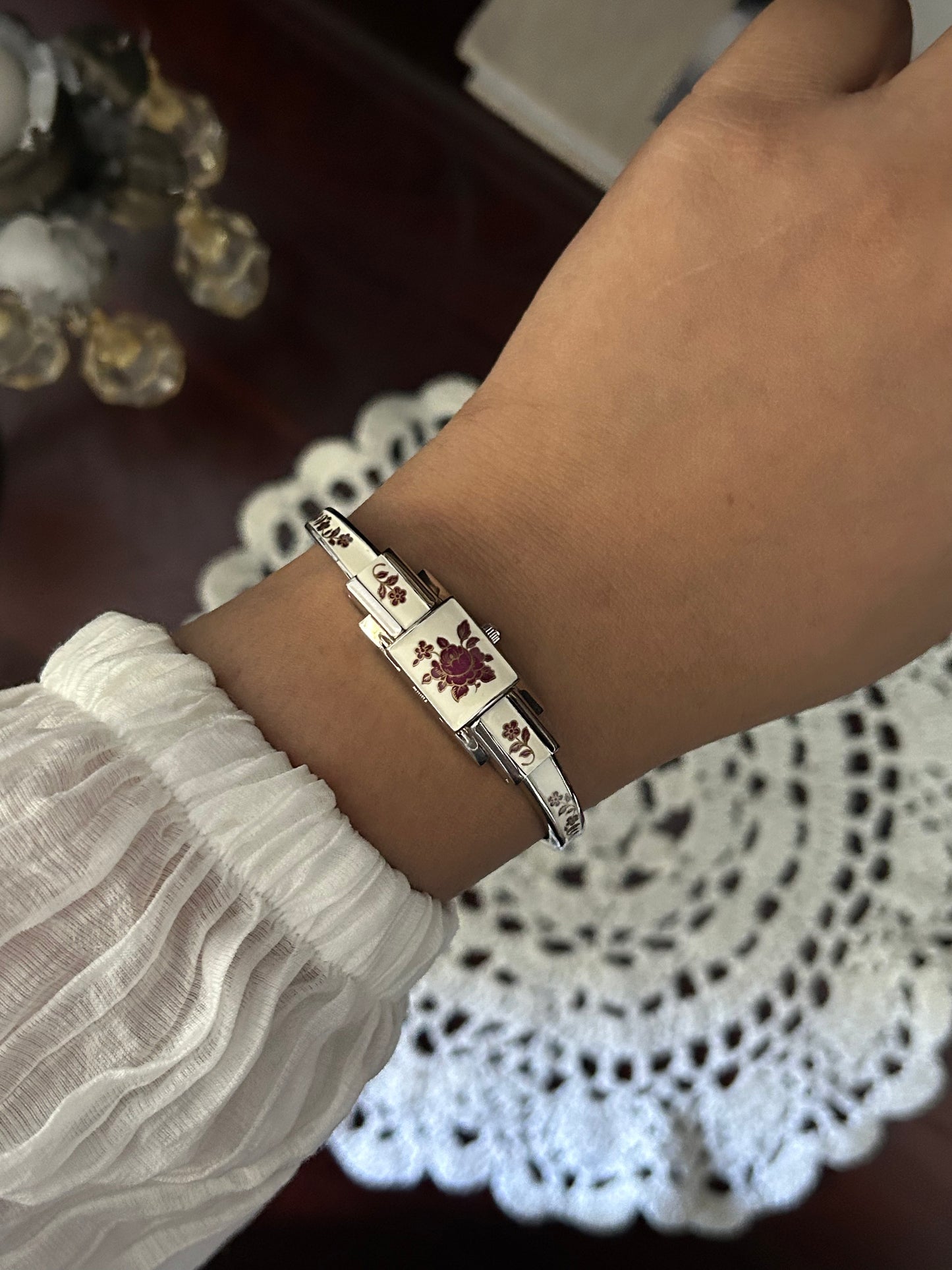 André Mouche Swiss White Floral Enamel Cuff Bangle Watch