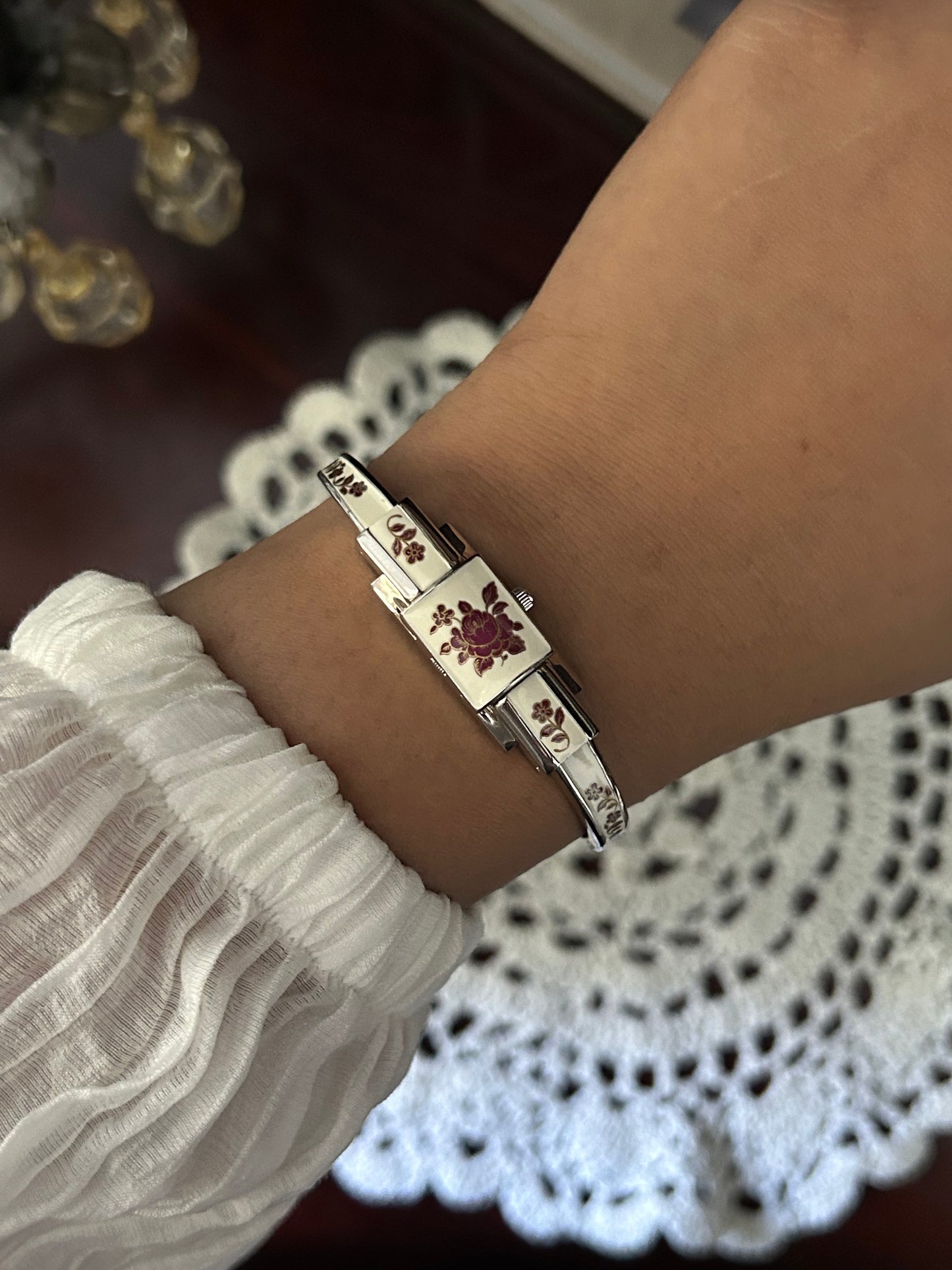 André Mouche Swiss White Floral Enamel Cuff Bangle Watch
