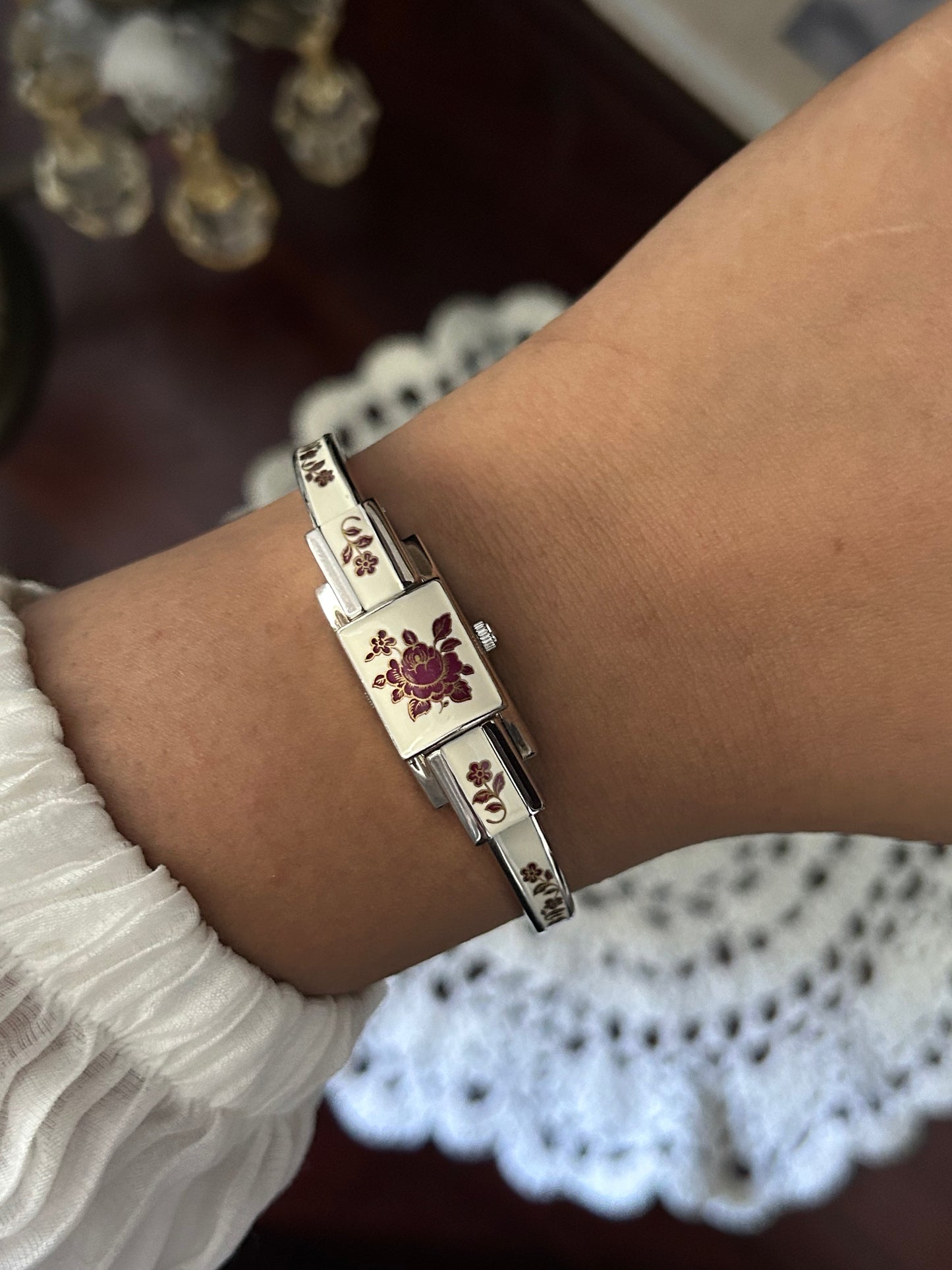 André Mouche Swiss White Floral Enamel Cuff Bangle Watch