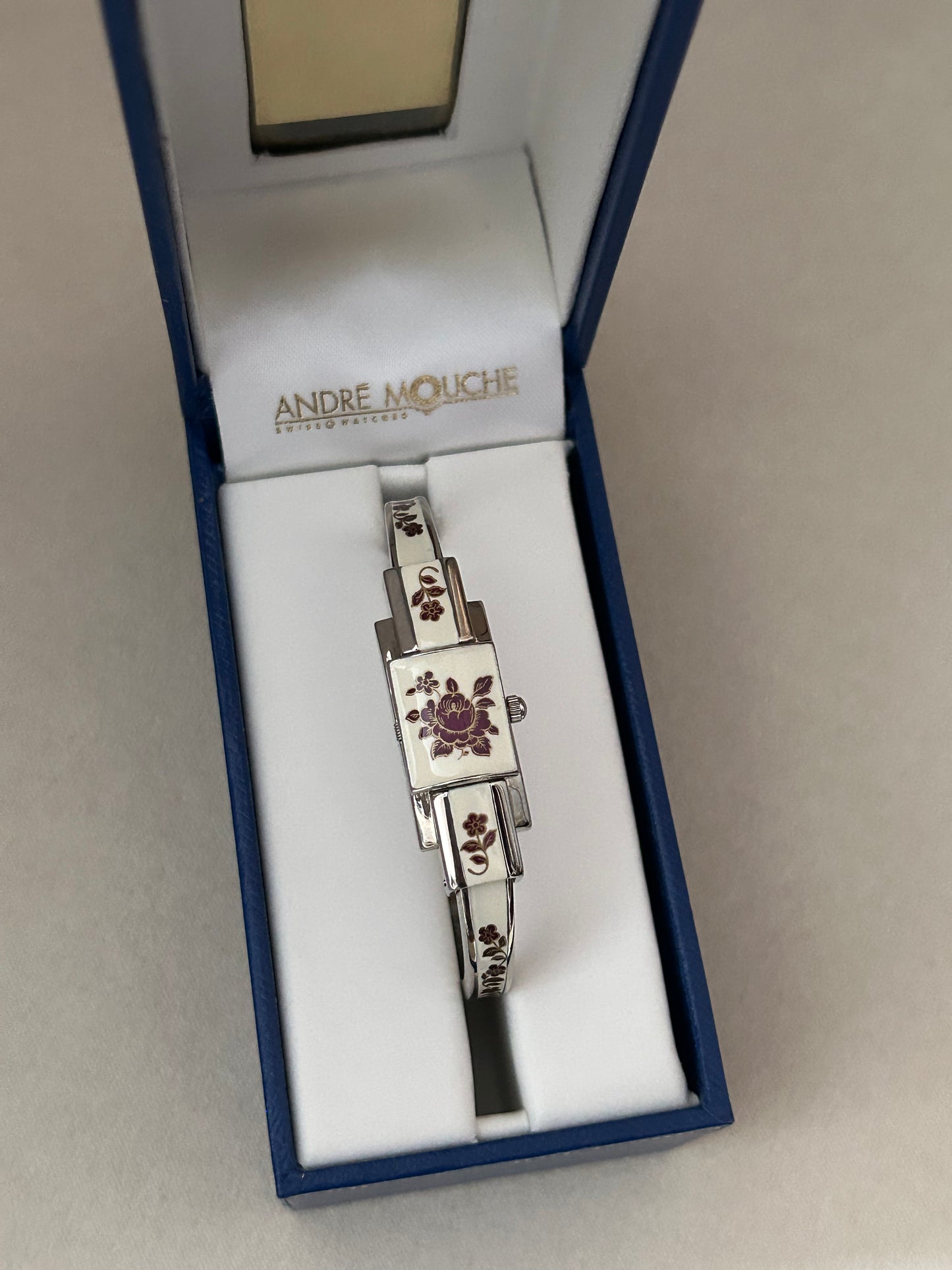 André Mouche Swiss White Floral Enamel Cuff Bangle Watch