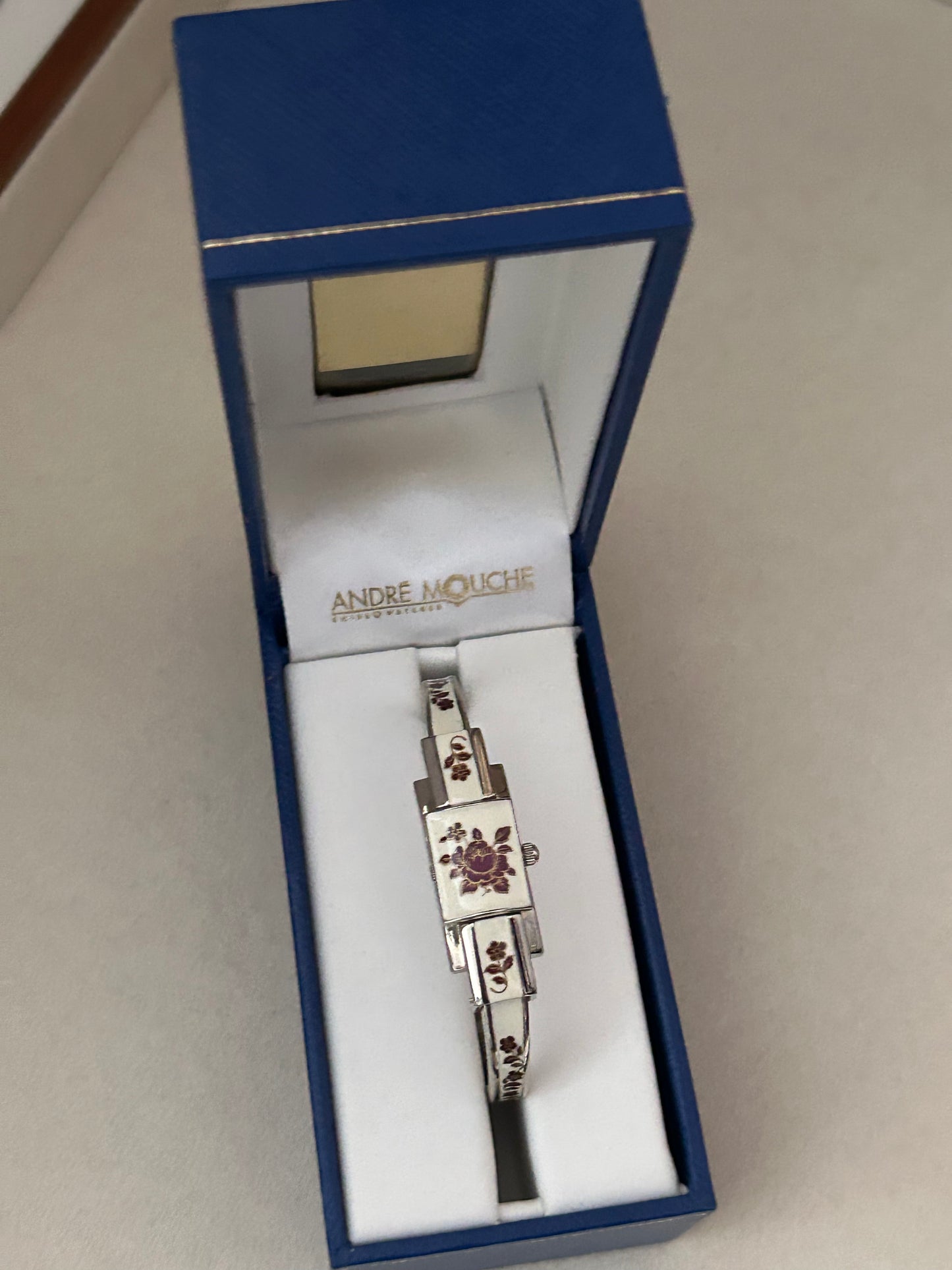 André Mouche Swiss White Floral Enamel Cuff Bangle Watch