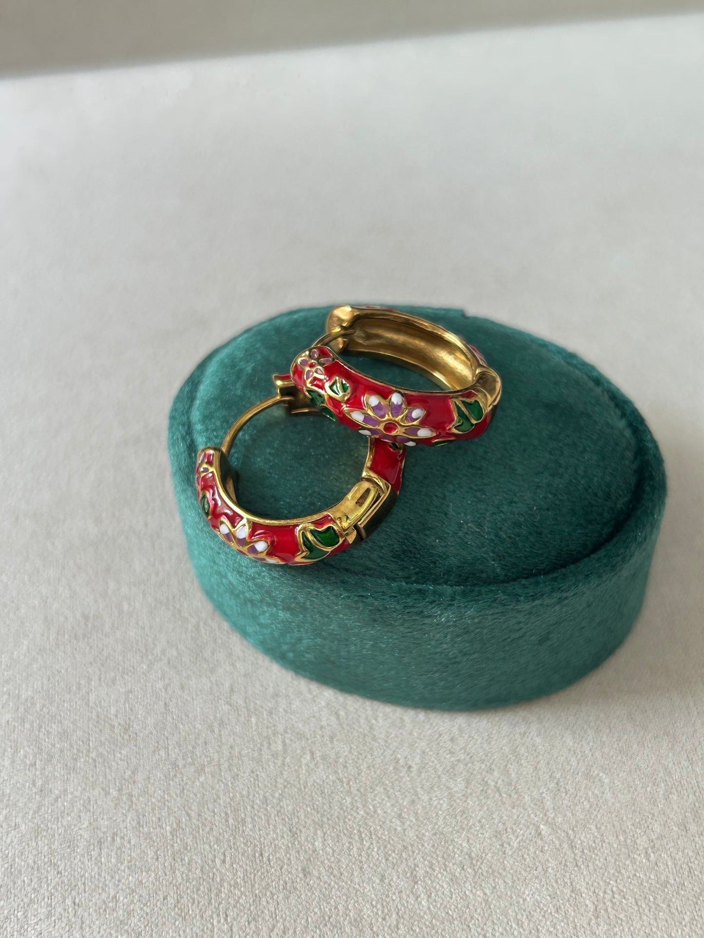 Rosette Hoop Earrings - Red