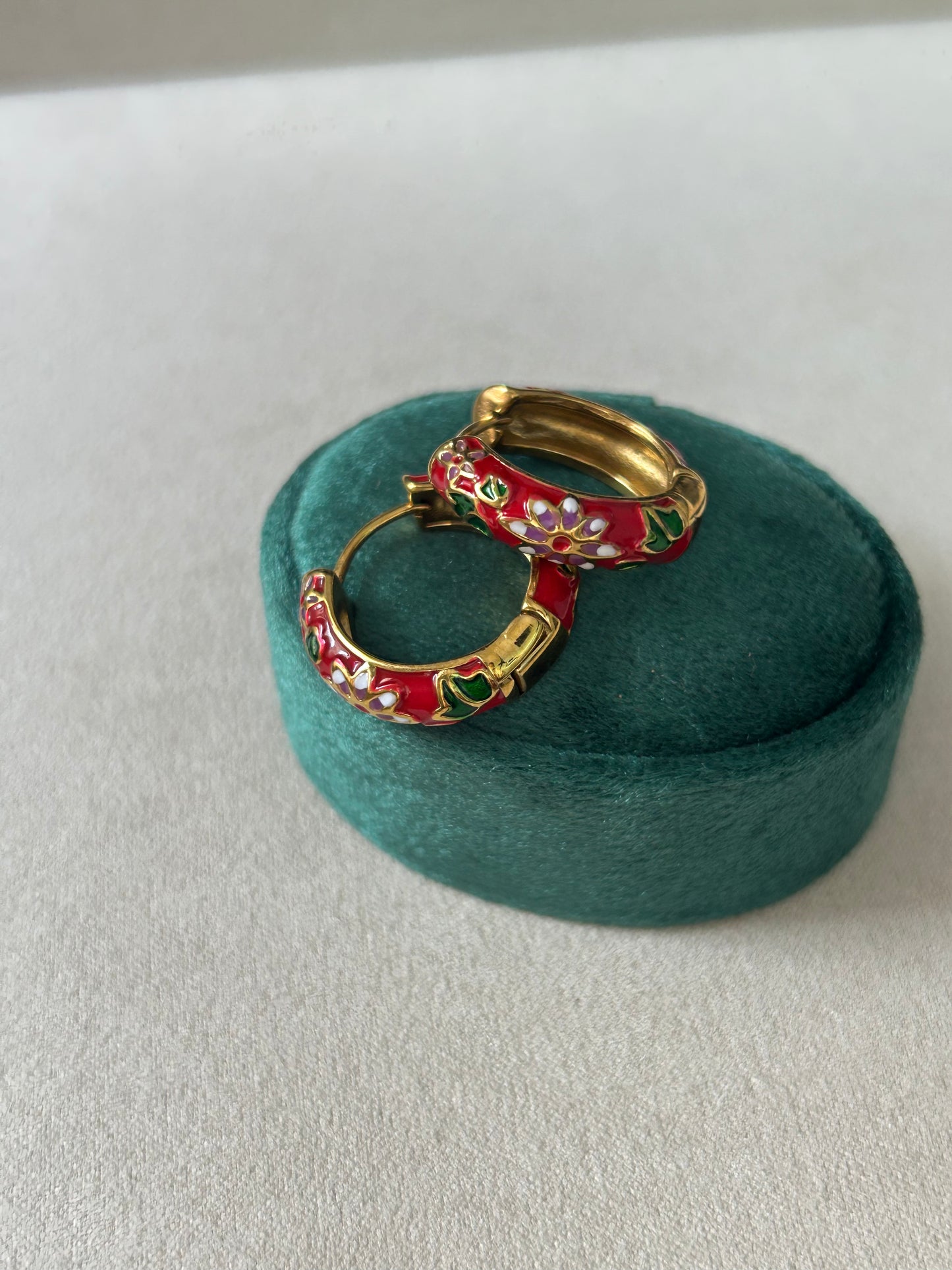 Rosette Hoop Earrings - Red
