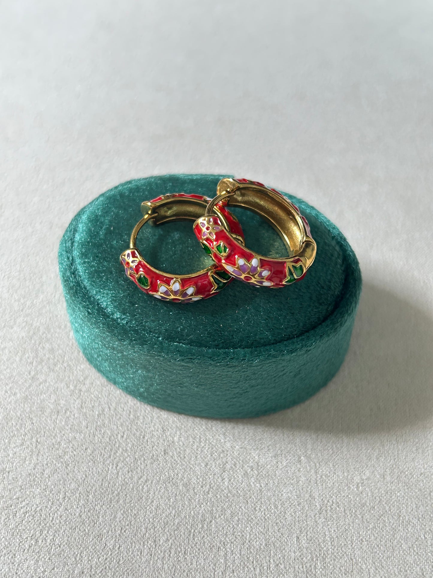 Rosette Hoop Earrings - Red