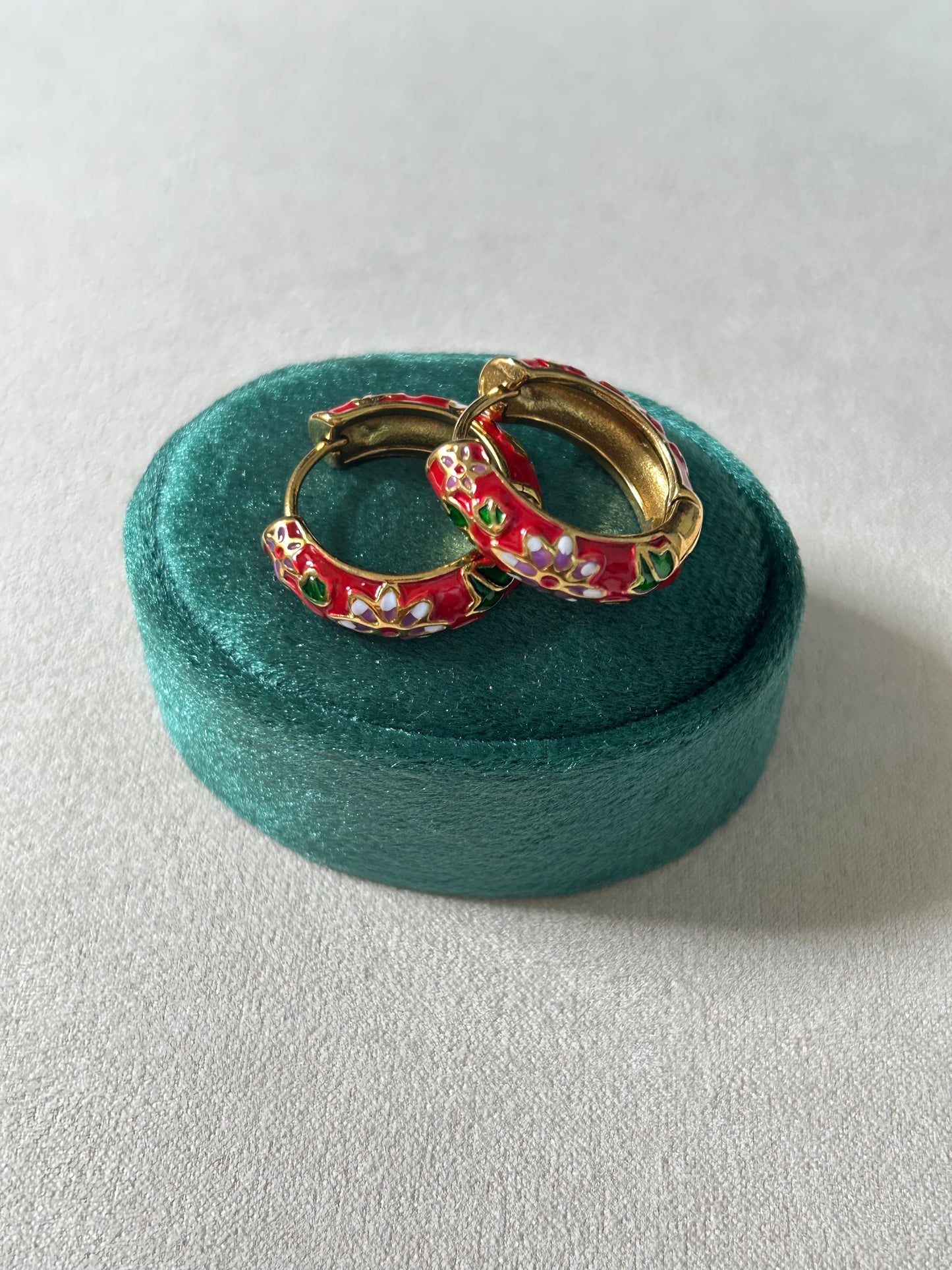 Rosette Hoop Earrings - Red