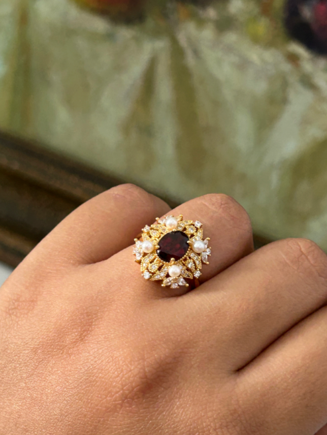 Natural Garnet Gold Plated Sterling Silver Ring