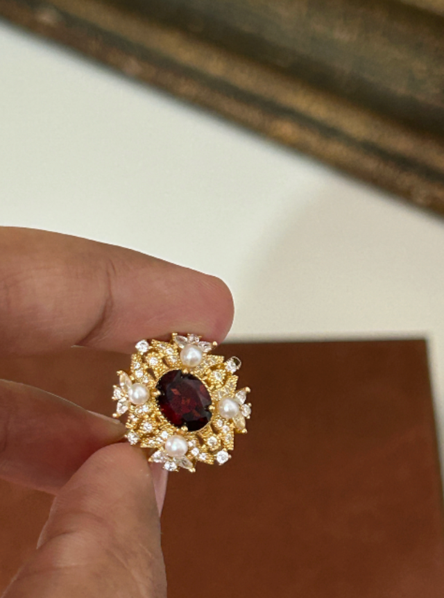Natural Garnet Gold Plated Sterling Silver Ring