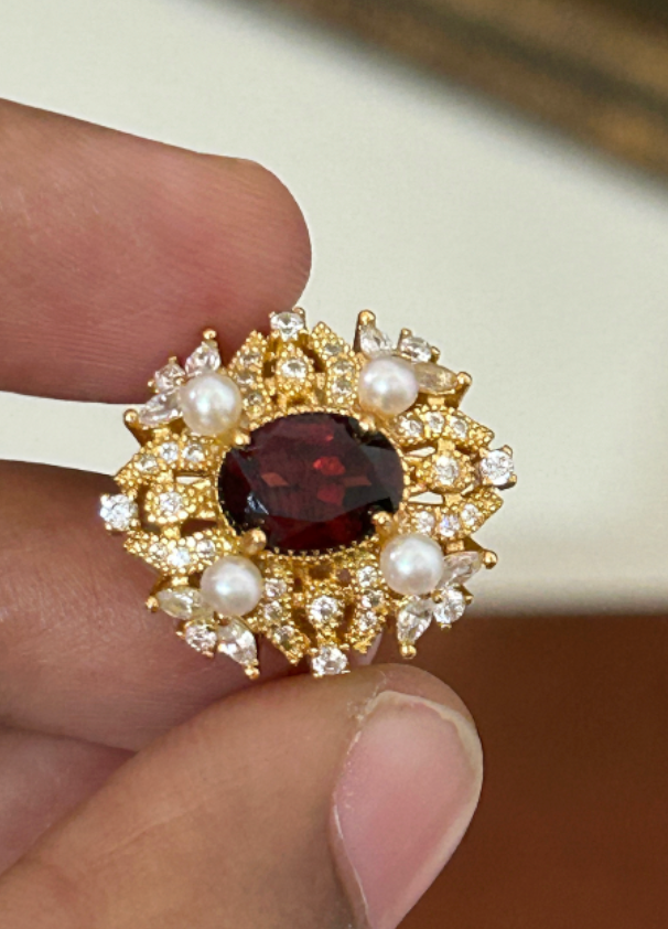 Natural Garnet Gold Plated Sterling Silver Ring