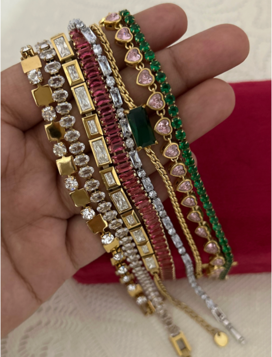 Emerald Green Rectangular Zirconia Stainless Steel Boston Link Chain Bracelet