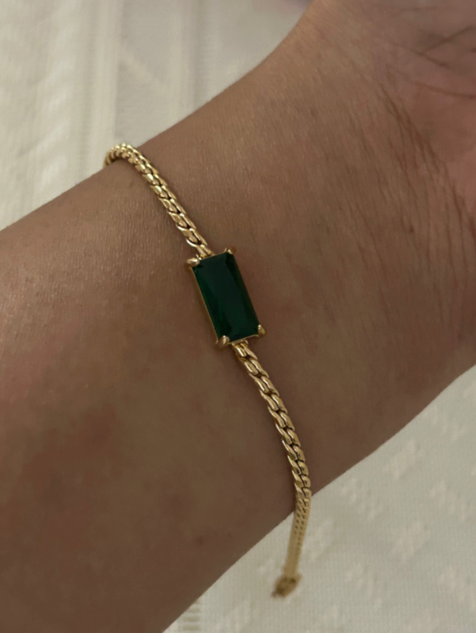 Emerald Green Rectangular Zirconia Stainless Steel Boston Link Chain Bracelet