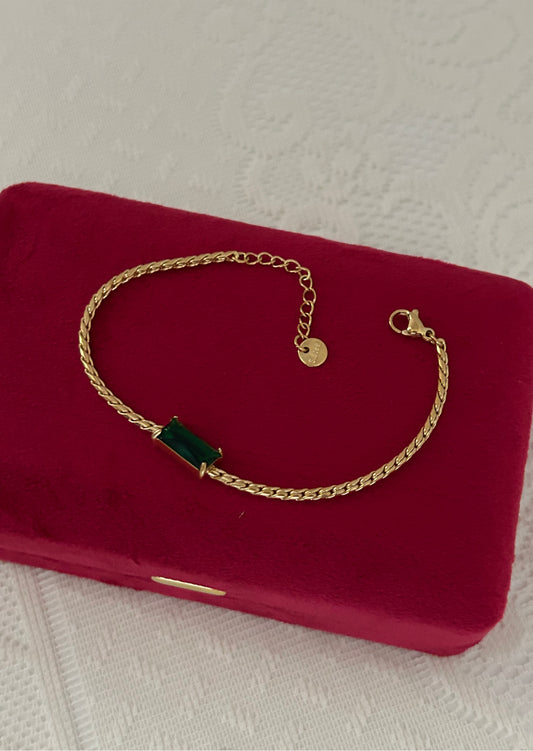 Emerald Green Rectangular Zirconia Stainless Steel Boston Link Chain Bracelet